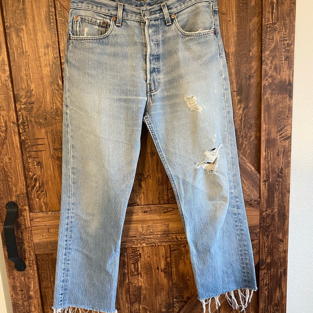 Vintage Levi’s 501 Custom Embroidered Distressed Light Blue Jeans